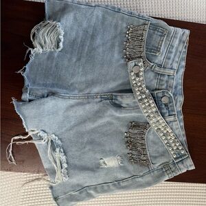 Light Blue Distressed Denim Shorts with Pearl & Chain Fringe